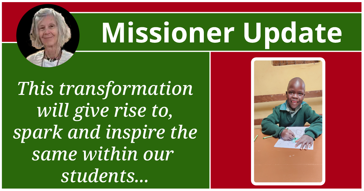 Headshot of Theresa Glaser, with the headliner of "Missioner Update." A quote from the article, This transformation will give rise to, spark and inspire the same within our students..." An image a of a young student smiling while working on a worksheet at his desk next to the quote.