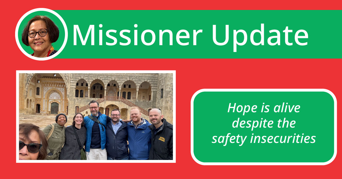 A Headshot of Lay Missioner, Coralis Salvador, next to the header of "Missioner Update." Below an image of the Jesuit Refugee Team in Lebanon and a quote from her article, "Hope is alive despite the safety insecurities."