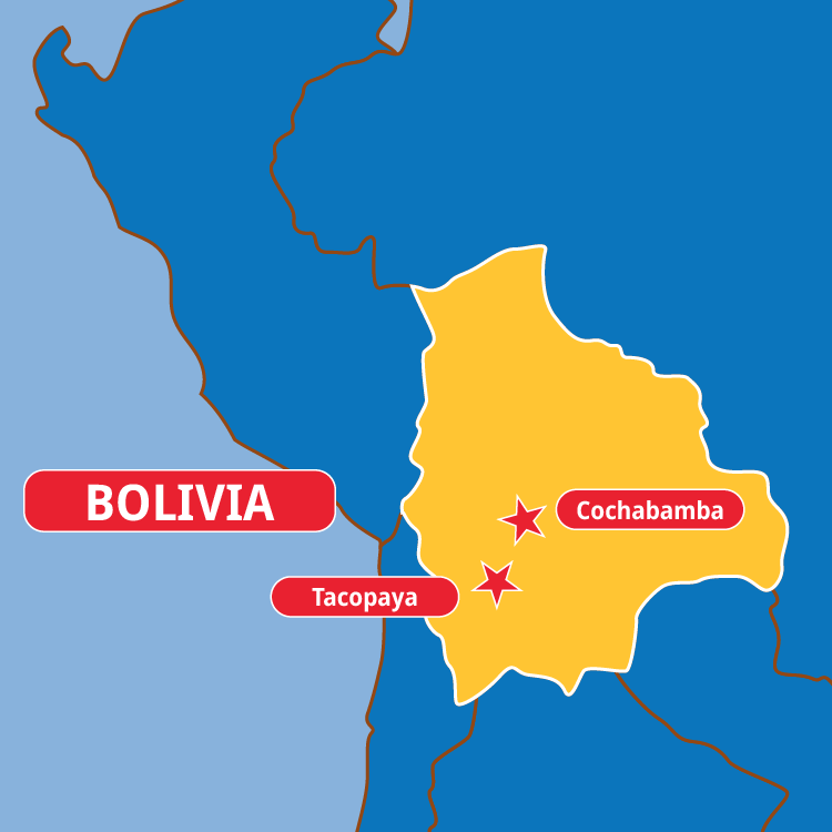 An outline of nations in blue surrounding Bolivia in yellow. Cochamba and Tacopaya are highlighted with stars and appropriate labels.