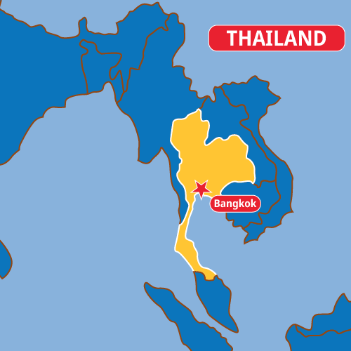 An outline of nations surrounding Thailand. Thailand highlighted with a star and label for Bangkok.